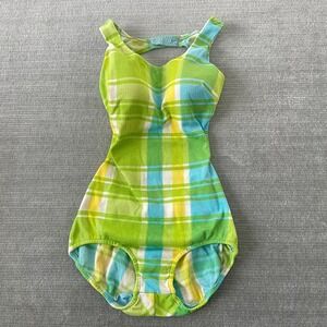 Vintage 60 70 Cole of California Swimsuit Retro Plaid Green One Piece Open Back